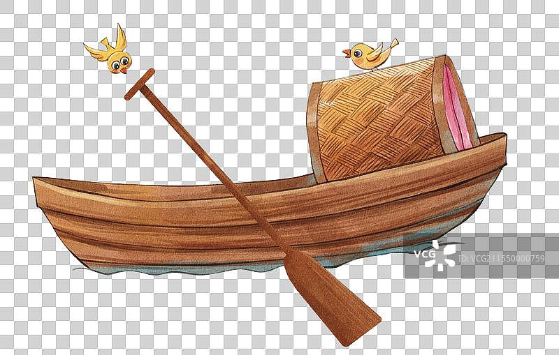 手绘水彩一搜木船与划桨与小鸟免抠元素图片素材