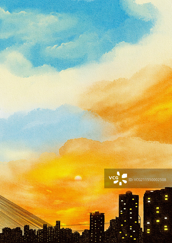 城市夕阳水彩插画图片素材