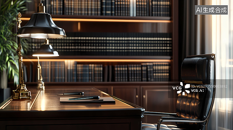 【AI数字艺术】书房内木桌翻开的书与书架图片素材
