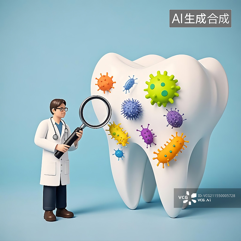 【AI数字艺术】医生拿着放大镜检查牙齿创意插画图片素材