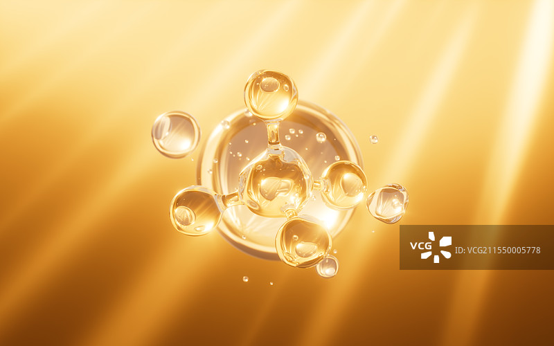 金色分子和精油护肤概念3D渲染图片素材