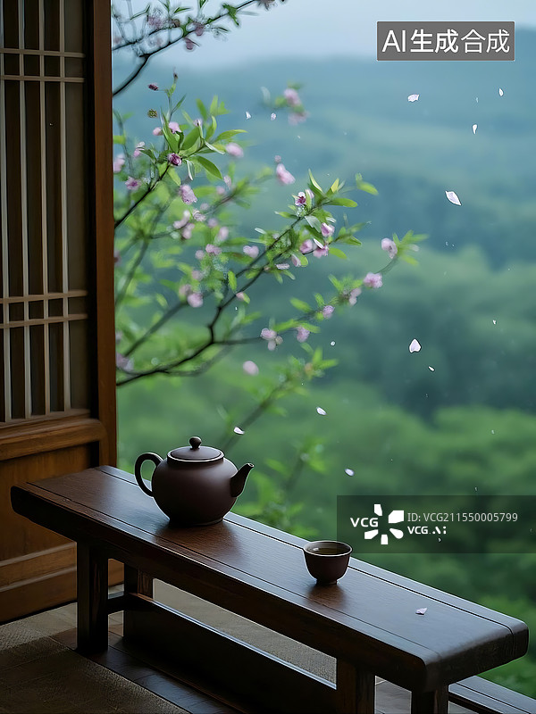 【AI数字艺术】春天的风景和茶具图片素材