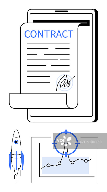 数字合同签署与火箭发射图片素材