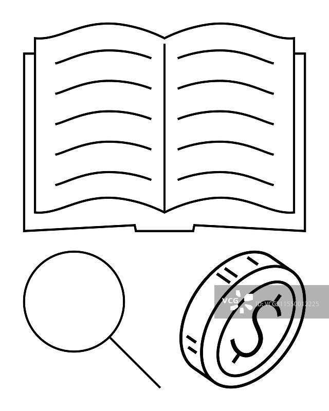 打开的书、放大镜和硬币的象征意义图片素材