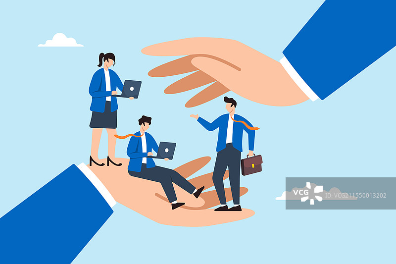 商人手掌覆盖着员工的平面图图片素材