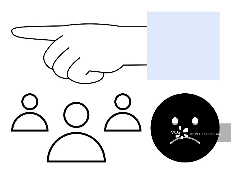 手指指向皱眉的面孔，旁边有三个人类图片素材