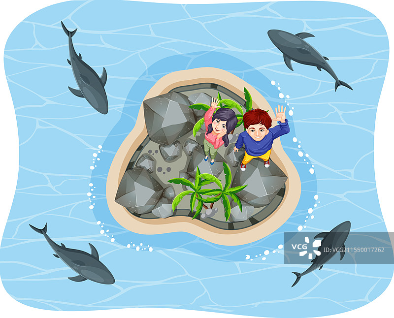 两个人在岩石岛上挥手致意图片素材