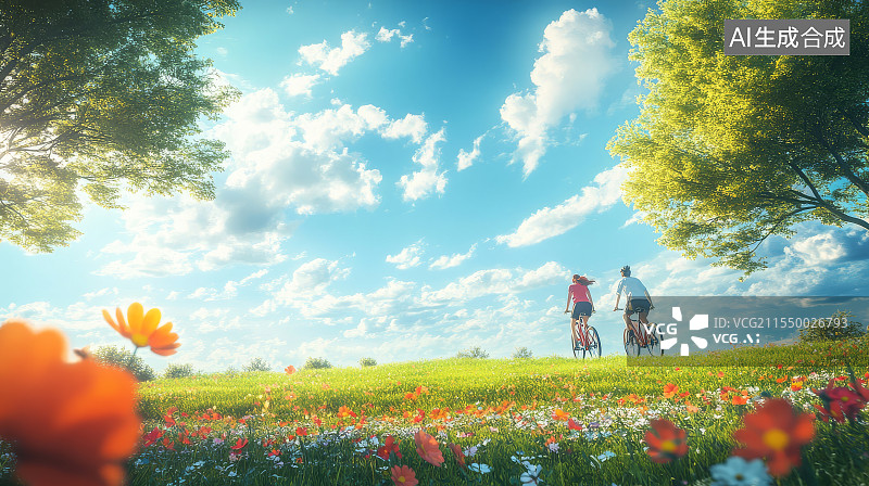 【AI数字艺术】春天户外骑行郊游插画图片素材