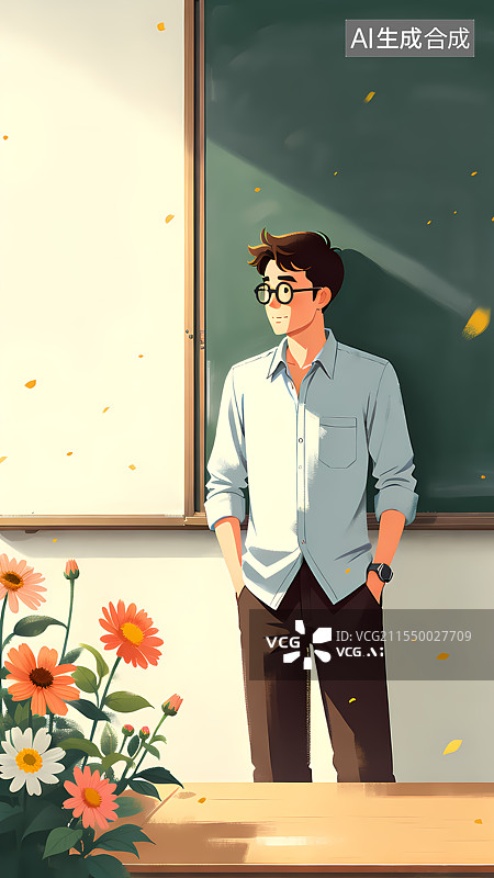 【AI数字艺术】男老师在黑板前节日插画图片素材