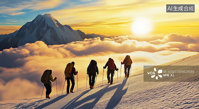 【AI数字艺术】日出时在攀登雪山的人后视图图片素材
