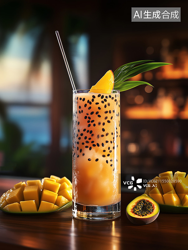 【AI数字艺术】热带海岛桌子上的水果饮料特写图片素材