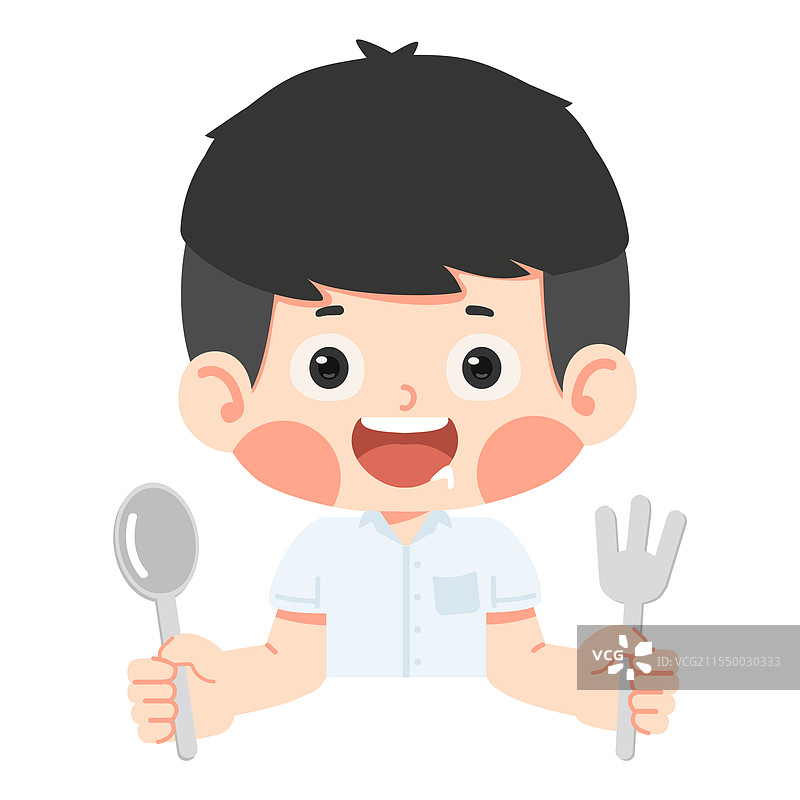 饥饿的小男孩学生手里拿着叉子和勺子图片素材