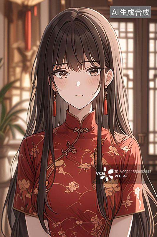 【AI数字艺术】插画中身着旗袍的美女站在中式现代装修的室内，融合优雅、文化与精致，适合作为小说或图书封面设计图片素材