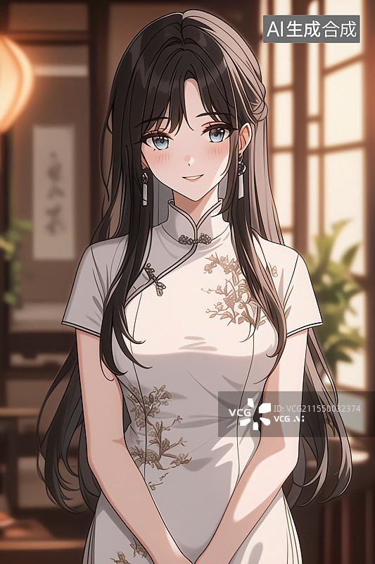 【AI数字艺术】插画中身着旗袍的美女站在中式现代装修的室内，融合优雅、文化与精致，适合作为小说或图书封面设计图片素材