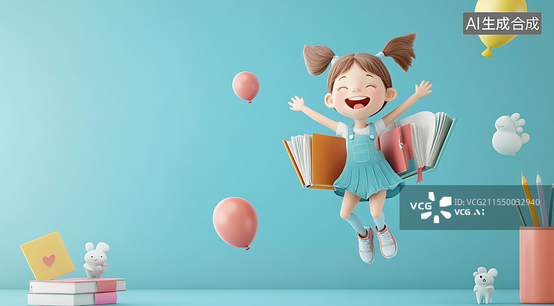【AI数字艺术】卡通插画中，一个快乐的小女孩手拿书本跳跃，象征着开学季的喜悦、教育和对知识的追求图片素材