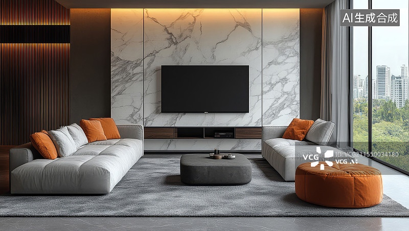 【AI数字艺术】现代客厅内景大理石背景墙的室内布局图片素材