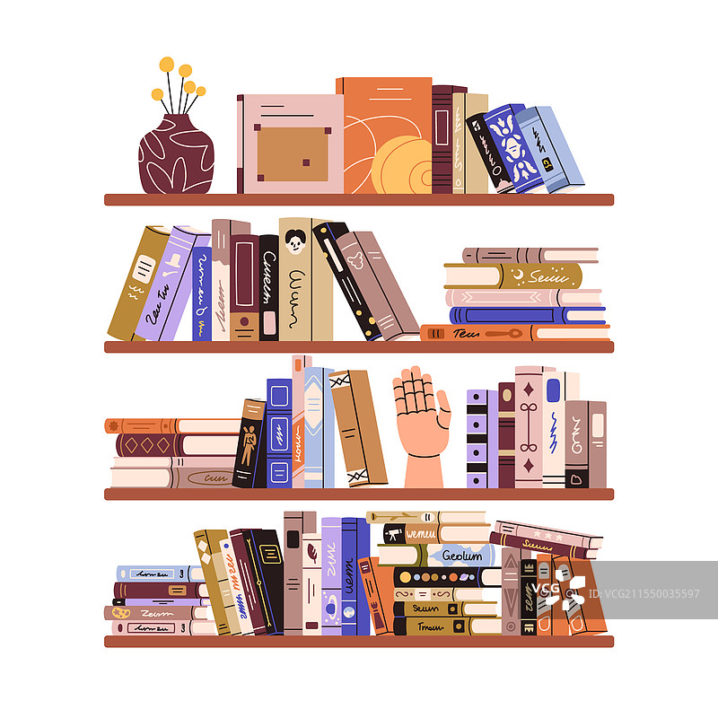 书架上有许多小说和教科书图片素材