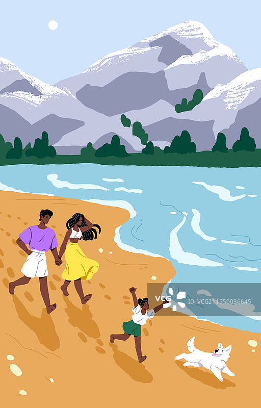 快乐的黑人家庭在夏天的海滩上散步图片素材