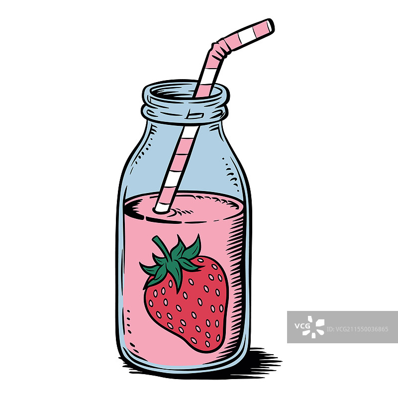 草莓奶昔装在玻璃罐中，配有吸管图片素材