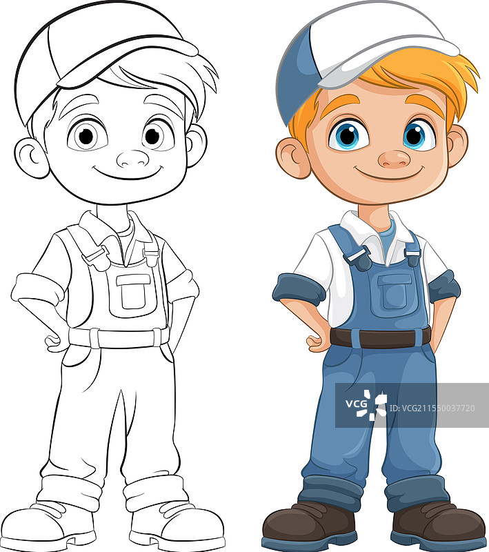 微笑的男孩穿着工装和帽子图片素材