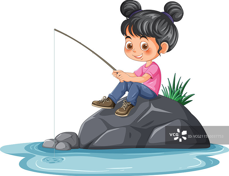 年轻女孩在宁静的池塘边钓鱼图片素材