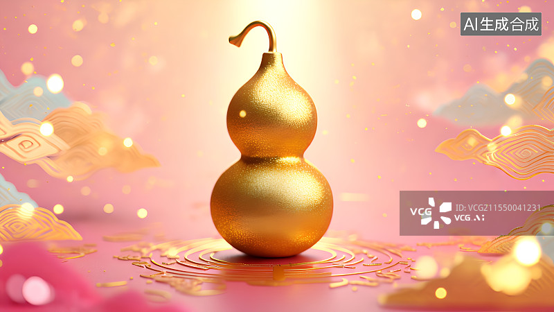 【AI数字艺术】3D渲染，中国风背景图，壁纸，国风宝葫芦，黄金葫芦，酒葫芦，金色背景图片素材