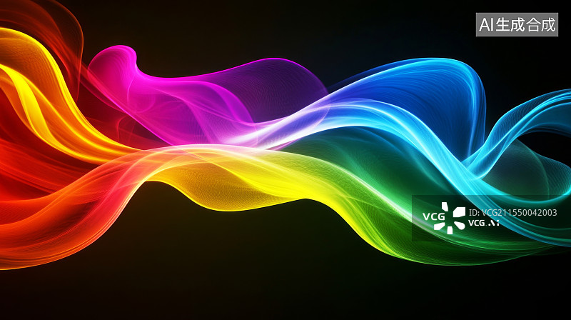 【AI数字艺术】黑色背景下半透明霓虹波浪渐变曲线纹理背景图片素材