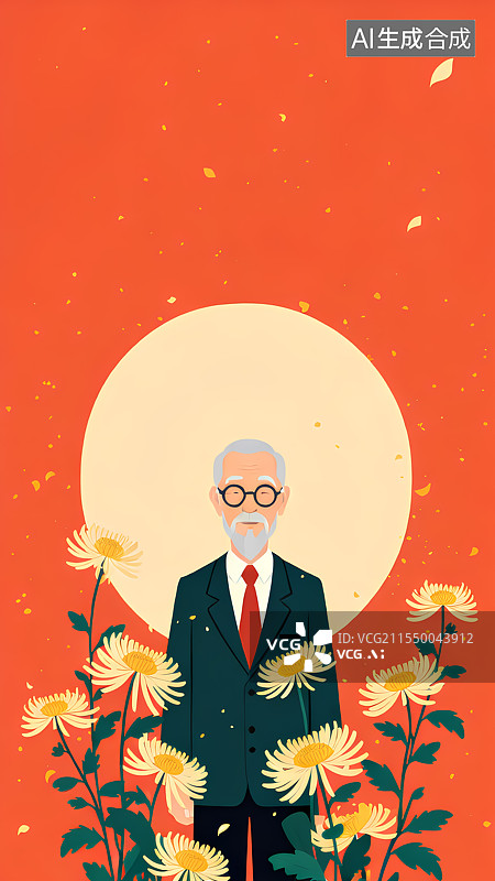 【AI数字艺术】花丛中的老人插画图片素材