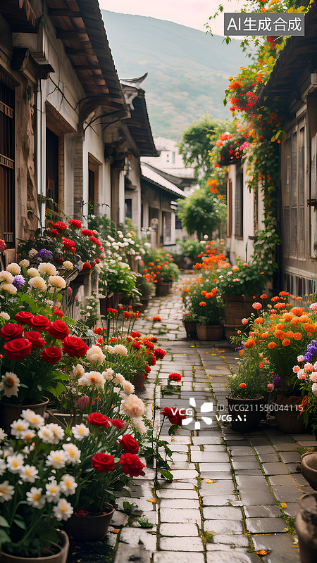 【AI数字艺术】古镇街道里种满鲜花，卡通插画图片素材