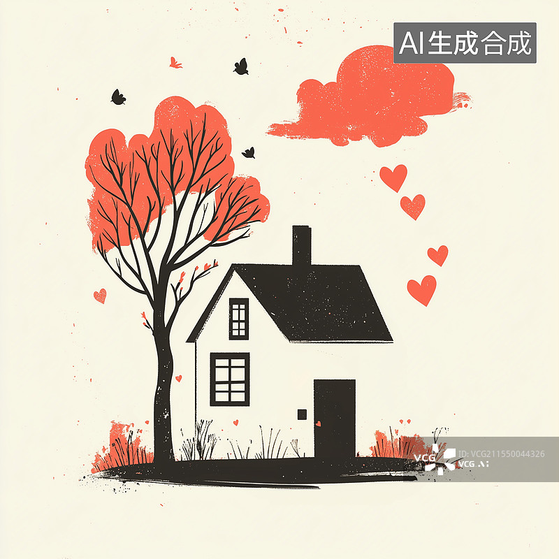 【AI数字艺术】扁平插图，极简，一座小房子与枫树，爱在家里，爱与房子，房屋，小房子，一间小房子，家图片素材