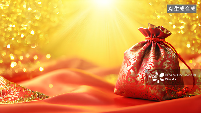 【AI数字艺术】3D渲染，中国风福袋，喜糖，婚礼背景图，壁纸，福袋和丝绸图片素材
