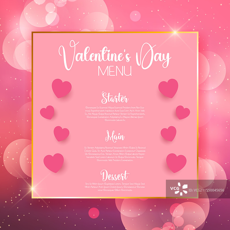 情人节菜单设计，配有散景灯光和图片素材