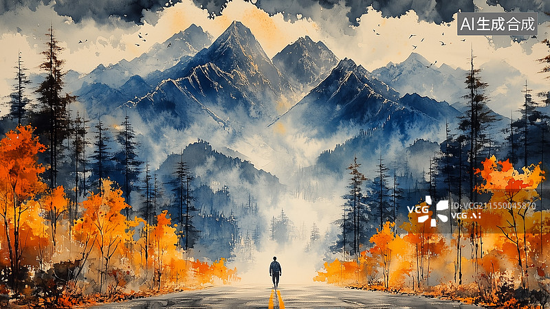 【AI数字艺术】数位插图，风景插图，扁平水墨风景，天地之大独自行走的男人，一个人行走的宽阔的马路上，中国风山水插图图片素材