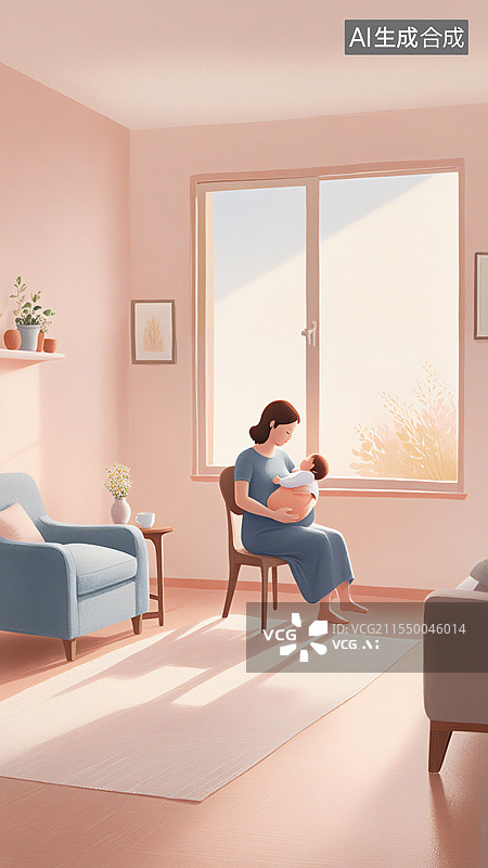 【AI数字艺术】治愈系母亲节妈妈怀抱小孩场景插画图片素材