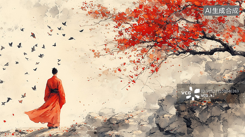 【AI数字艺术】水墨画插图，古风插图，穿红色宋代服饰的男子在梅花树下远眺，思考人生与希望，古风男子的背影图图片素材