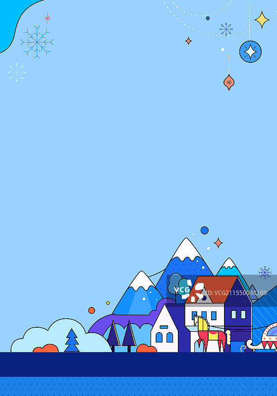 冬日蓝色梦幻小镇冰雪世界童话风光描边插画海报竖版图片素材