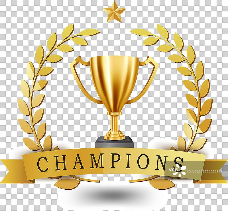逼真的金色奖杯与金色月桂花环图片素材