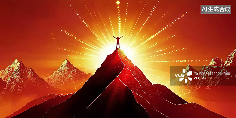 【AI数字艺术】一个人成功登顶高举双臂庆祝，红色山峰背景图片素材