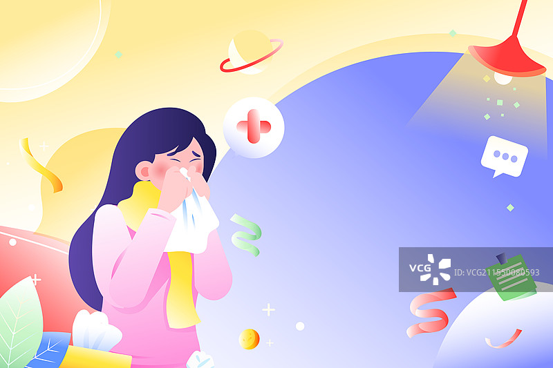 卡通感冒发烧症状咳嗽发热疾病流感甲流乙流病毒传染治疗居家休息看病医生医药医疗健康渐变矢量插画图片素材