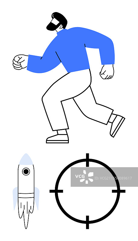 一个男人正在奔跑，手持火箭和目标符号图片素材