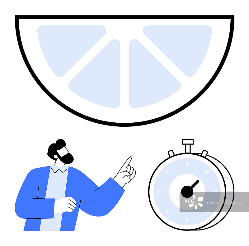 男人指着柠檬片下的秒表图片素材