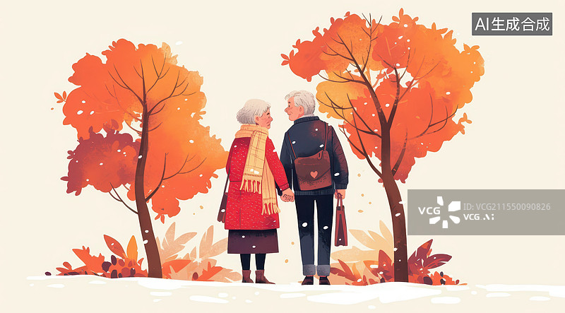 【AI数字艺术】秋天两位老人牵手伴行图片素材
