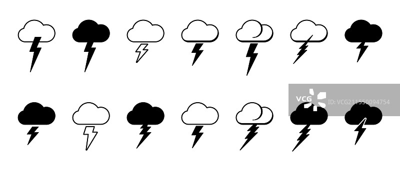 云、闪电和雷暴的图标集图片素材