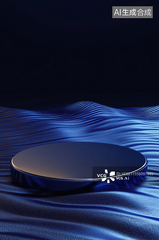 【AI数字艺术】漂浮在蔚蓝色水面的圆形平台展示台3D立体插画图片素材