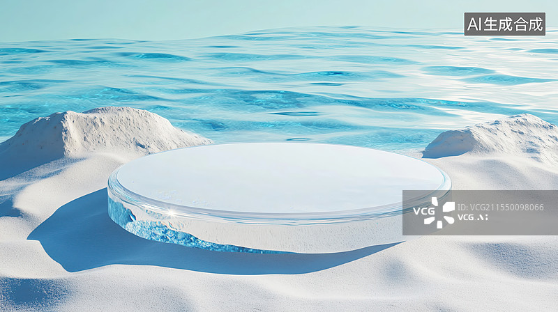 【AI数字艺术】漂浮在蔚蓝色水面的圆形平台展示台3D立体插画图片素材
