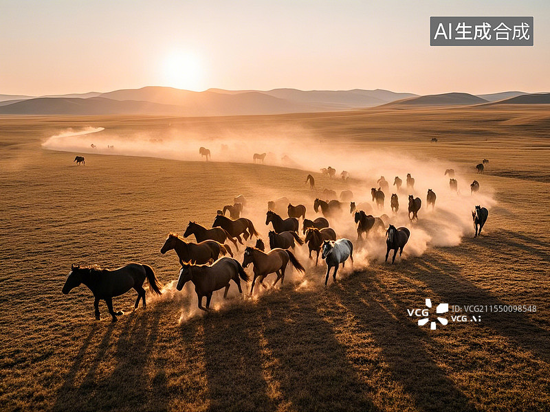 【AI数字艺术】草原奔马航拍图片素材