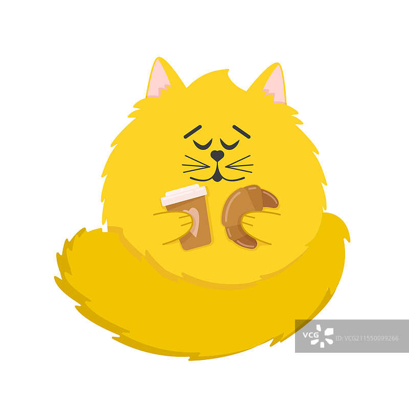 一只可爱的舔舌猫咪抱着一个可颂和一杯图片素材