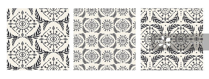 黑白抽象植物达马斯克无缝图案图片素材