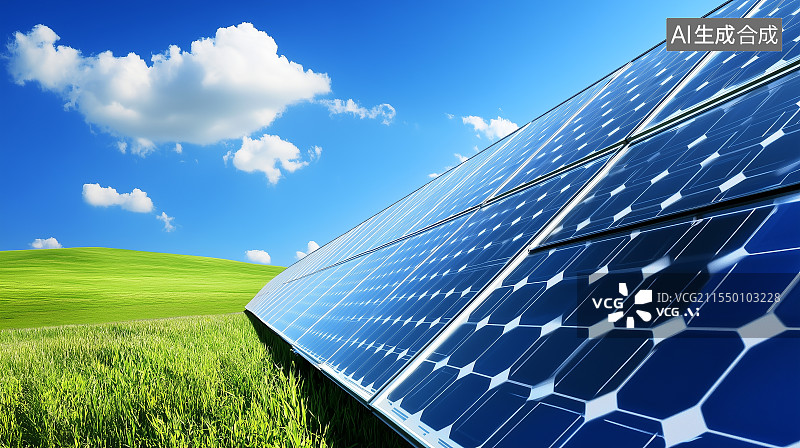 【AI数字艺术】广阔的太阳能农场，排排太阳能面板下是明亮的蓝天，周围被郁郁葱葱的绿田包围，展示了可持续能源的美丽风景图片素材