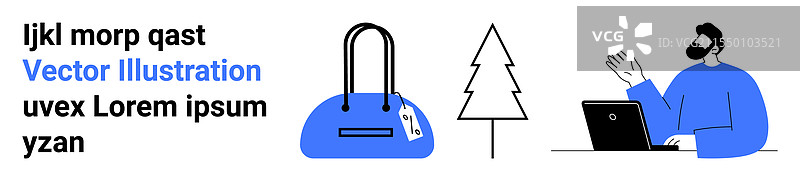 男子在使用笔记本电脑，旁边有一个带标签的旅行袋图片素材